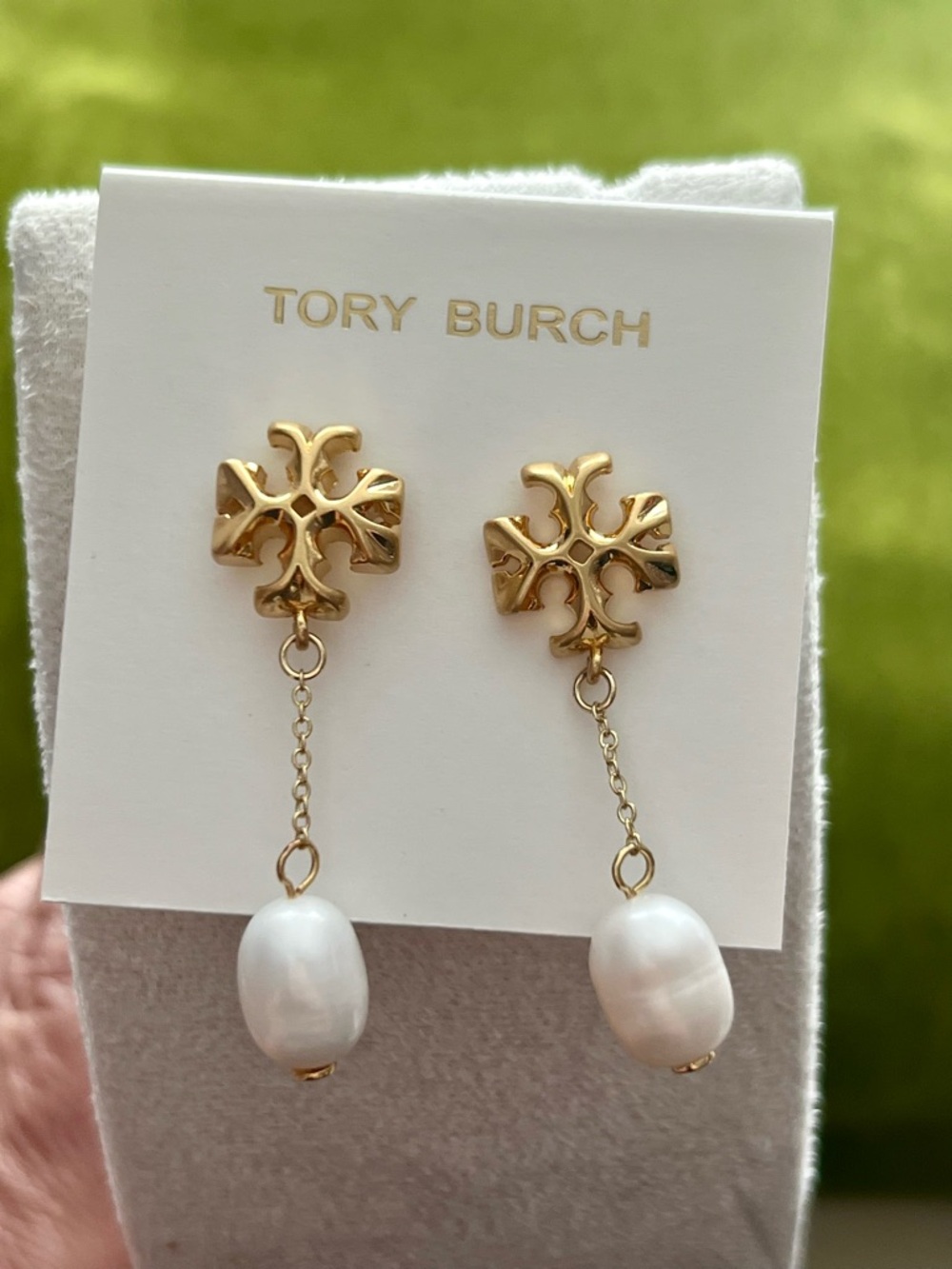Tory Burch Gold Logo Drop Earrings with White Pearls